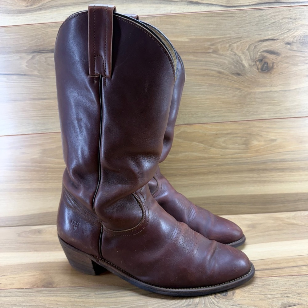 FRYE Vintage Cowboy Dance Boots 10.5 EE Reddish Brown Stacked Heel Rodeo USA